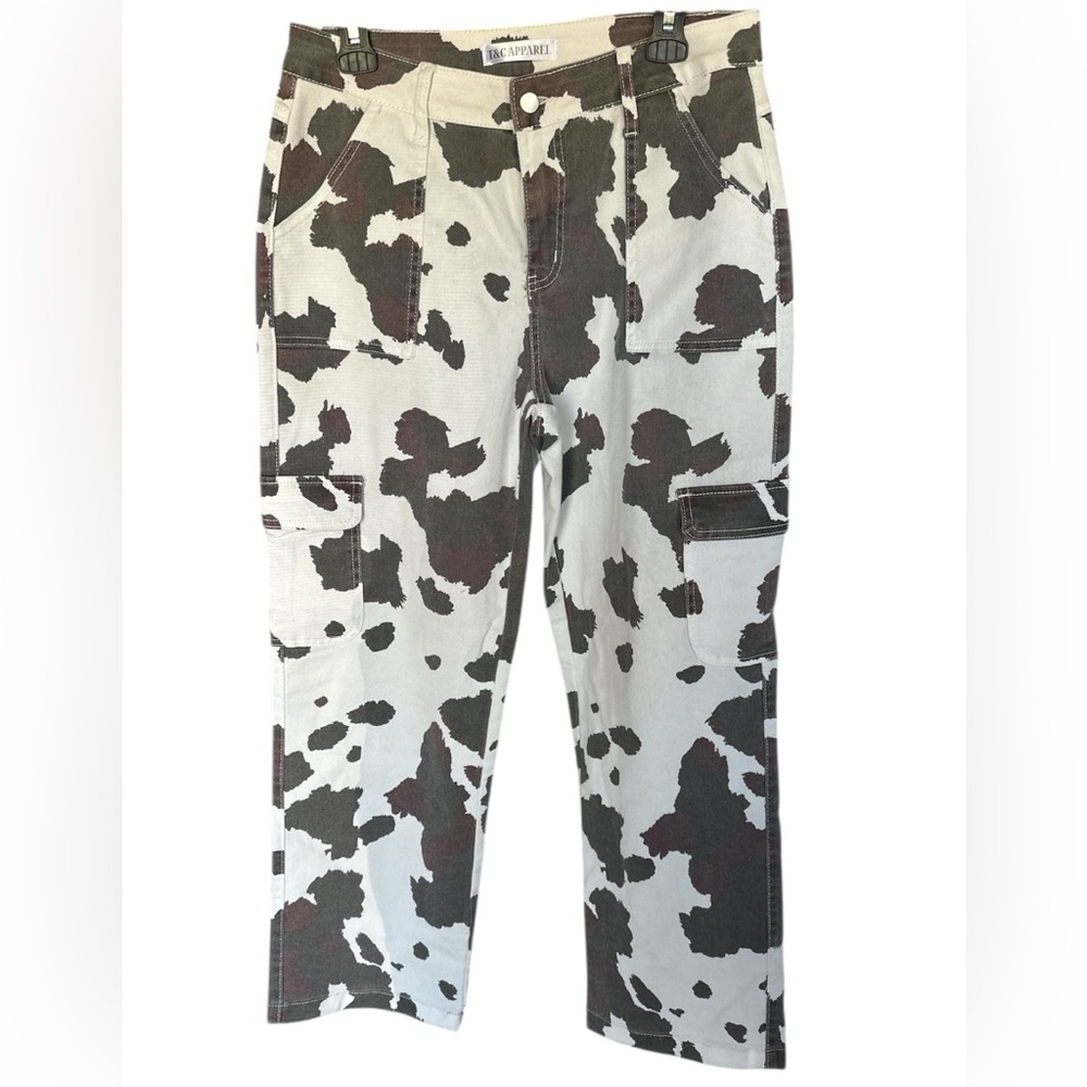 Women's Cow Print Wide Leg Jeans — White and Black w/Maroon